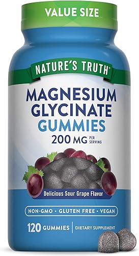 Nature's Truth Gomitas de glicinato de magnesio para adultos 200 mg 120 unidades Sabor a uva Suplemento vegano, sin OMG y sin gluten