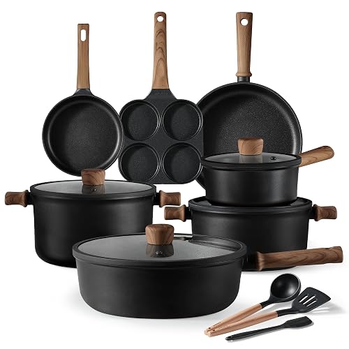 CAROTE Nonstick Cookware Sets, Pots and Pans Set Non Stick 14pcs, Titanium Induction Cooking Sets with Stay-Cool Handle, Black - Black - 14 PCS