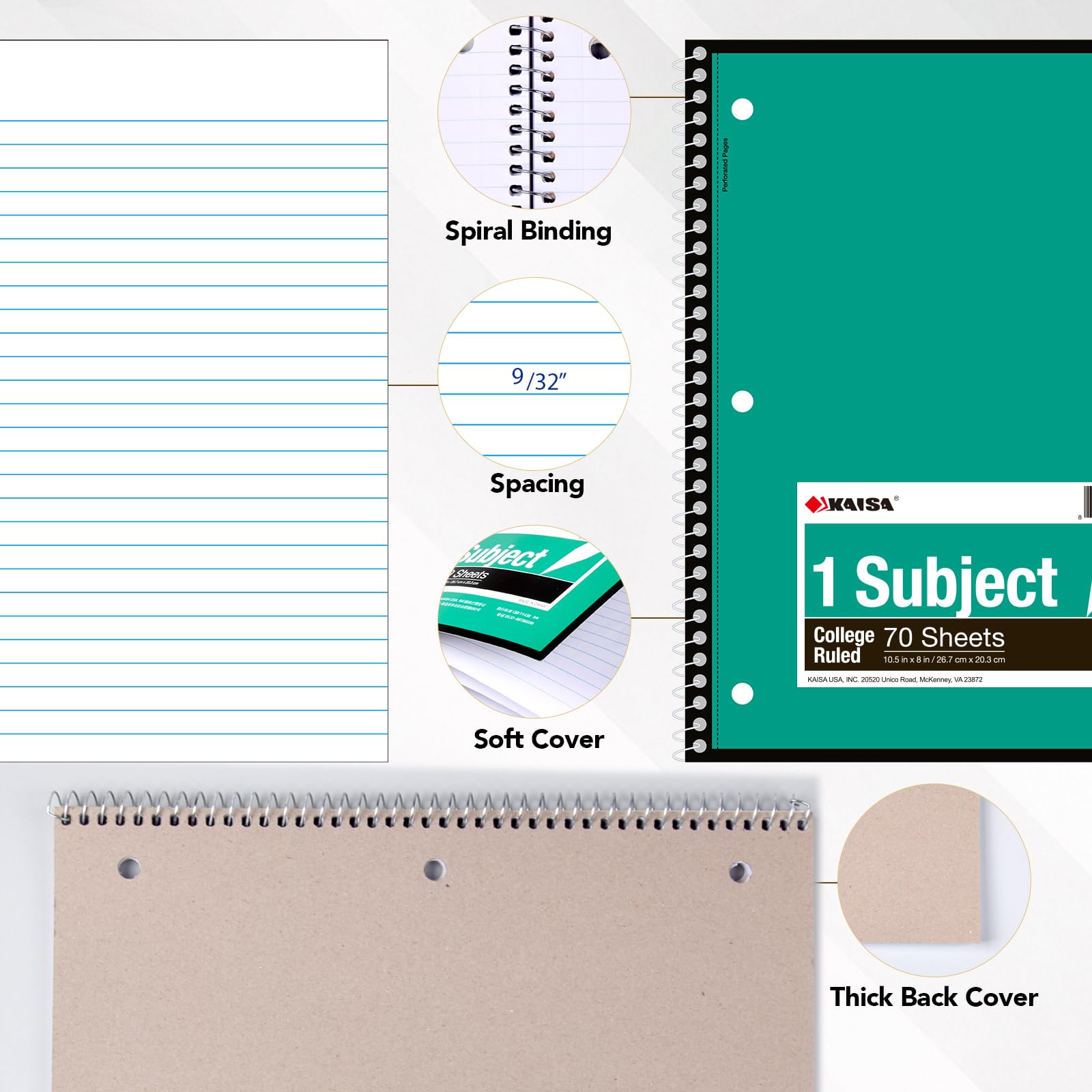 Kaisa Cahiers de notes à spirales, 70 feuilles, 10,5"x8" de largeur/lignées, livres de notes en papier, fournitures scolaires pour étudiants et personnel 1pack 1.5$/pc 1sub College