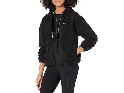 DKNY Cropped Full Zip Polar Fleece Jacket (Black/Silver) Women