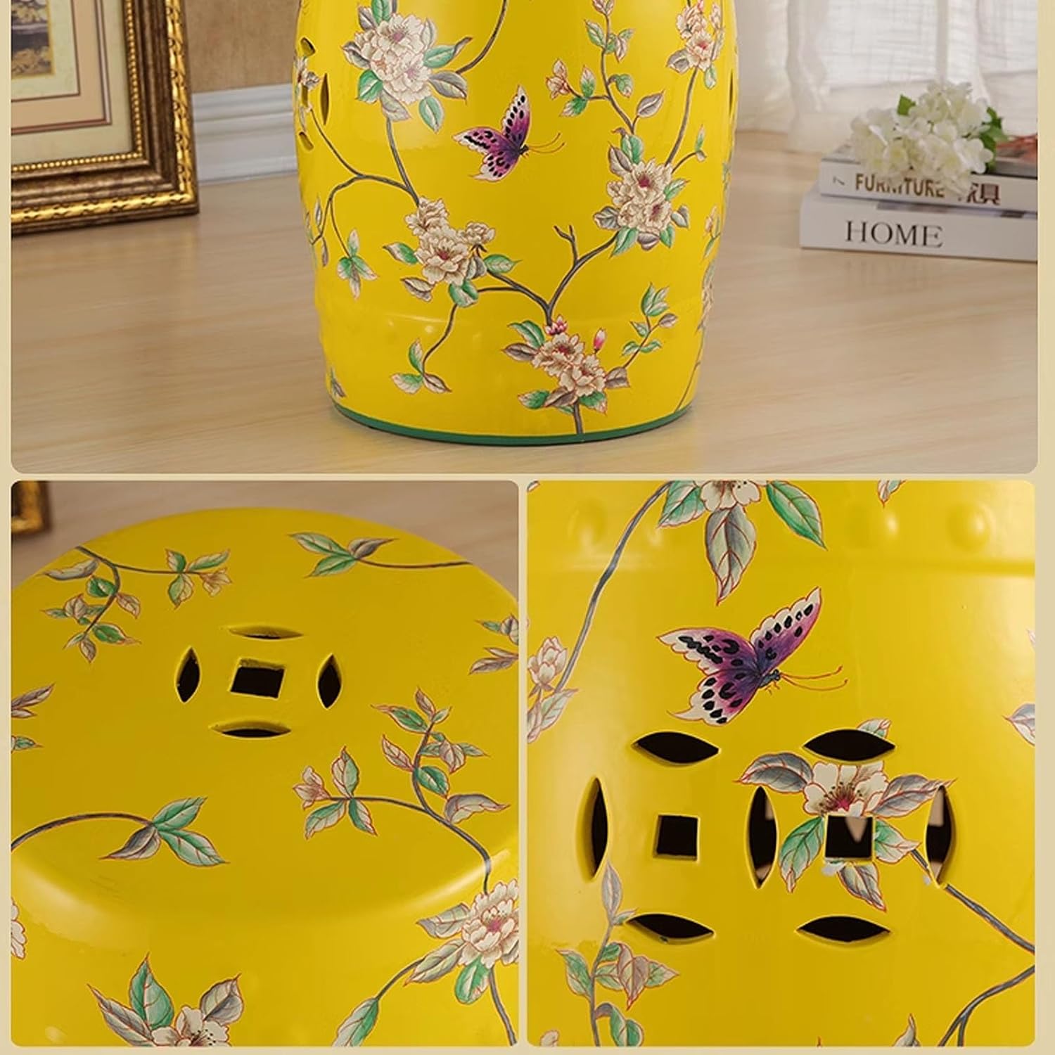 Garden Stool Decorative Floral Ceramic Garden Stool Chinese Drum Stool Flowers & Butterflies Garden Stool Multi Purpose Accent Table Cottage French Country Traditional for Garden Green