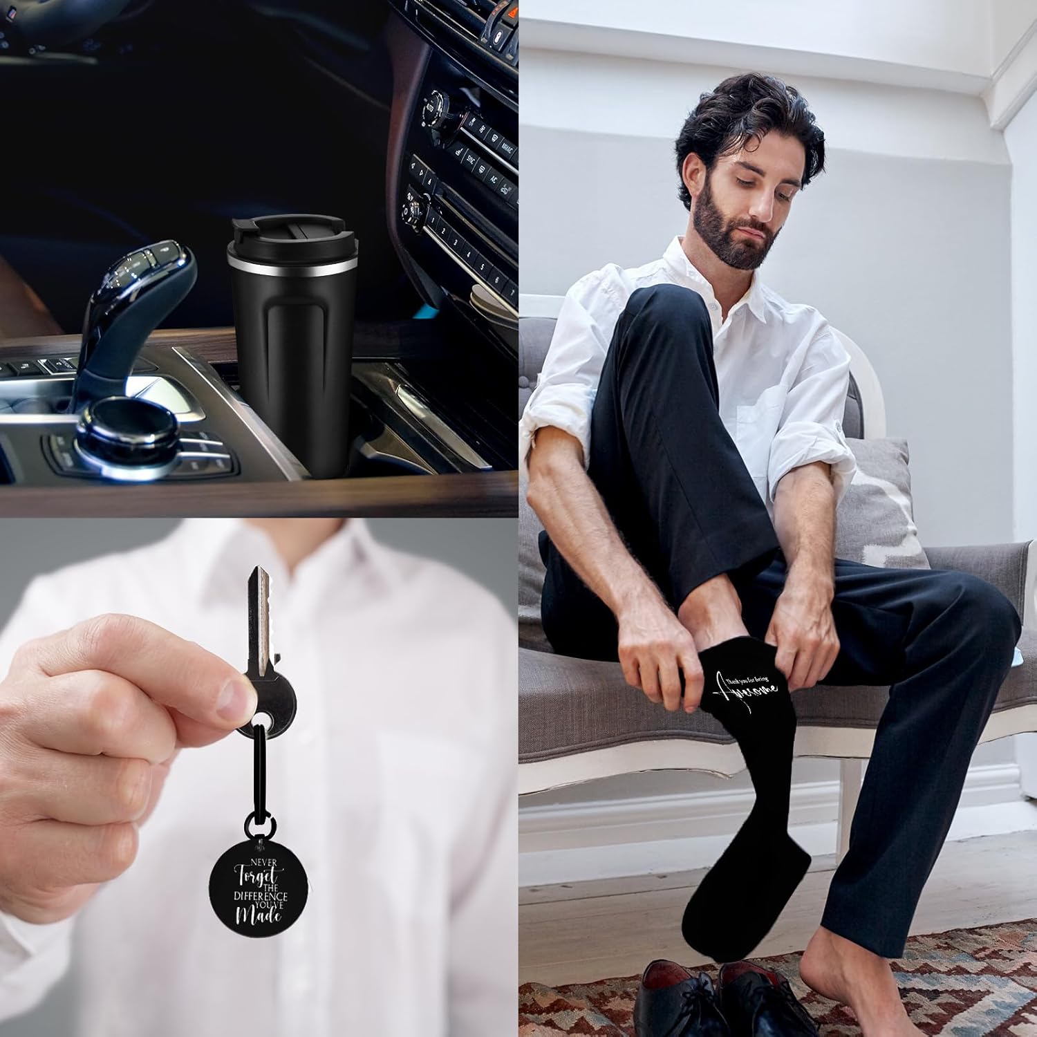 Roshtia 3 Sets Thank You Gift for Men Employee Appreciation Gift Set for Male Teacher Coworker Staff Volunteer 17 oz Stainless Steel Tumbler Socks Inspirational Keychain(Black) - Image 5