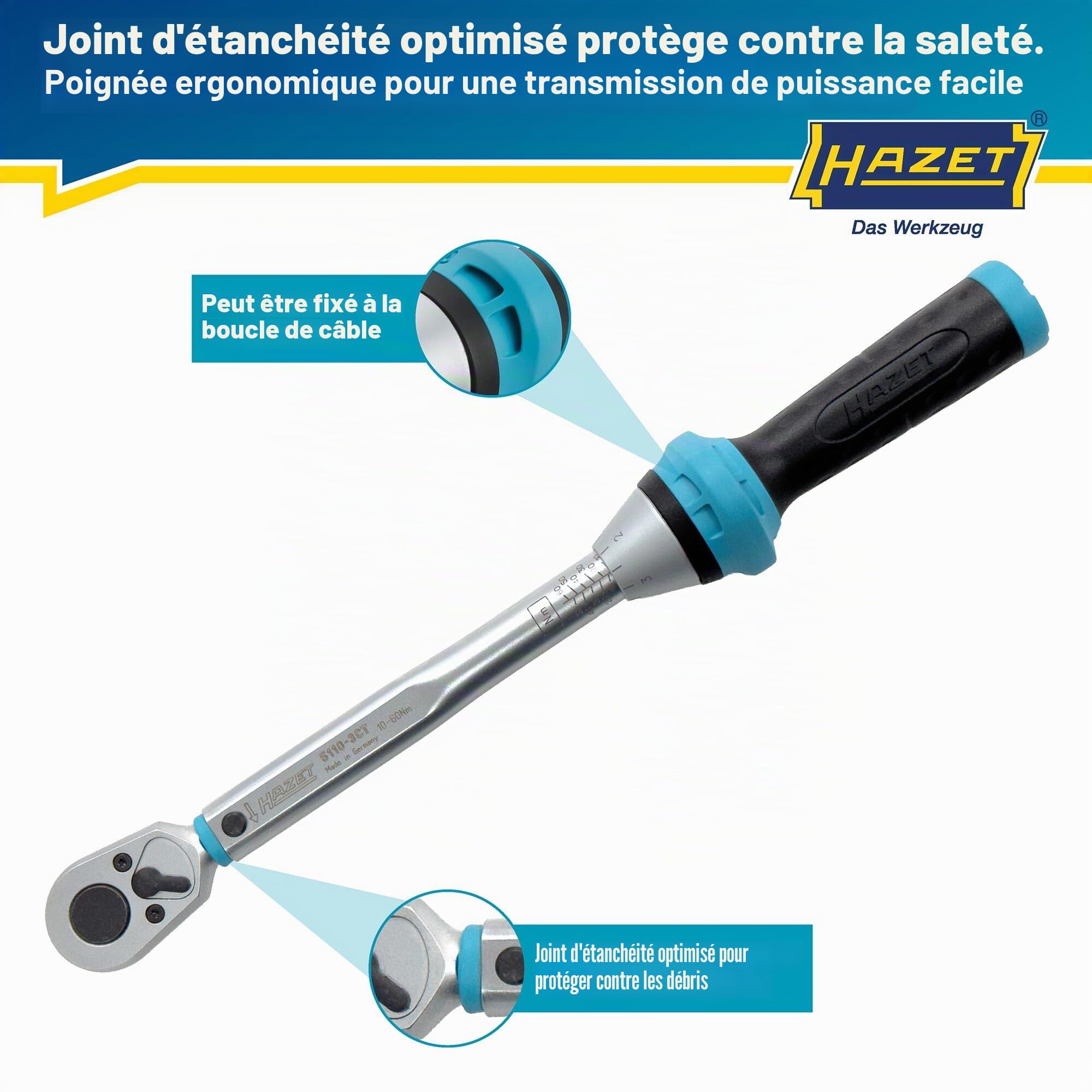 HAZET clé dynamométrique 5110-3CT I Sortie : carré 10 mm (3/8 pouce), tolérance : 3 %, 30 dents (angle d'actionnement 12 degrés) I cliquet réversible facile à utiliser pour voiture et vélo I 320 mm'.