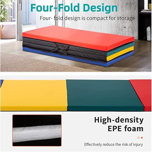 Miniatura 9 de Colchoneta de gimnasia para niños y adultos, plegable, extragruesa, con asa de transporte, 6 x 2 pies, antidesgarros, ligera, esterilla de ejercicio
