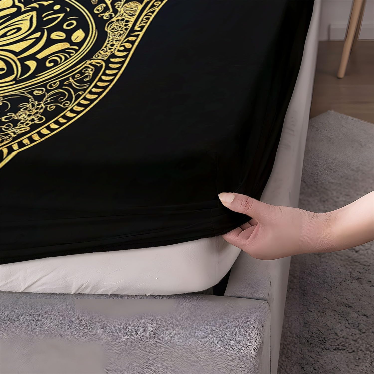 Lenzuolo con angoli 3 pezzi stampato 160 x 202 cm Motivo floreale oro Lenzuolo con angoli extra profondo Oro Lenzuola con angoli con federe in microfibra spazzolata