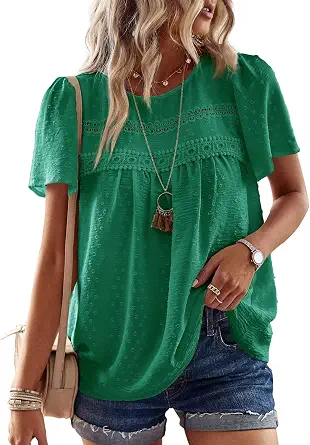 Womens Summer Tops Flowy Boho Shirts Dressy Casual Short Sleeve | Crewneck Loose Fit Blouses, Hide Belly Fat, Lace Hem Ladies Tunic, Babydoll Crochet Clothes, Swiss Dot, Work, Vintage, XS-6XL