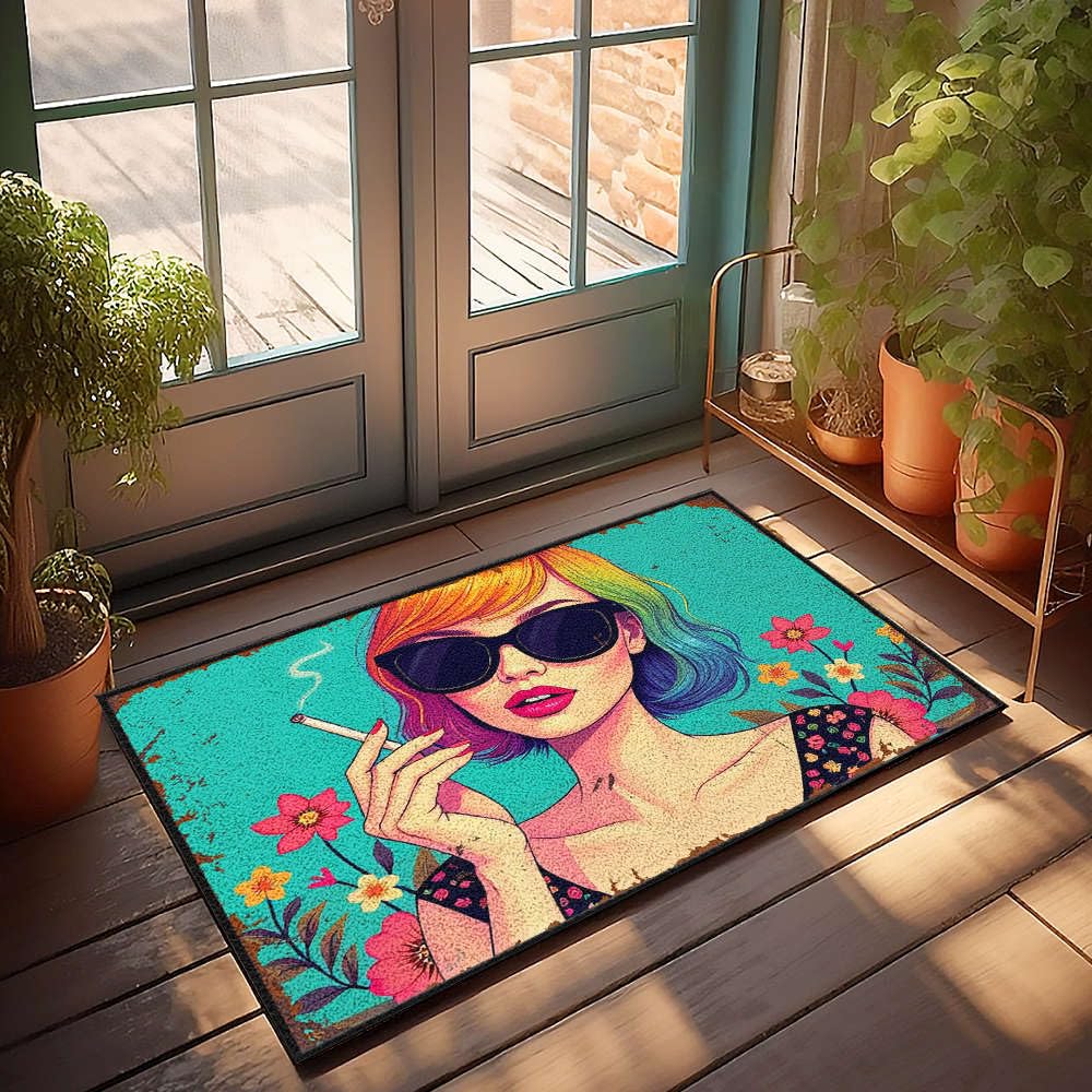 Tapis d'extérieur grand motif floral coloré contre les salissures de porte
