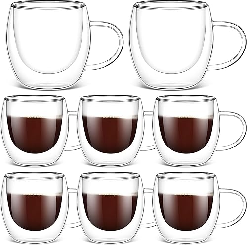 Didaey Paquete de 8 tazas de café de vidrio de 8 onzas, tazas de café expreso de vidrio aislado transparente con asa, juego de tazas de borosilicato