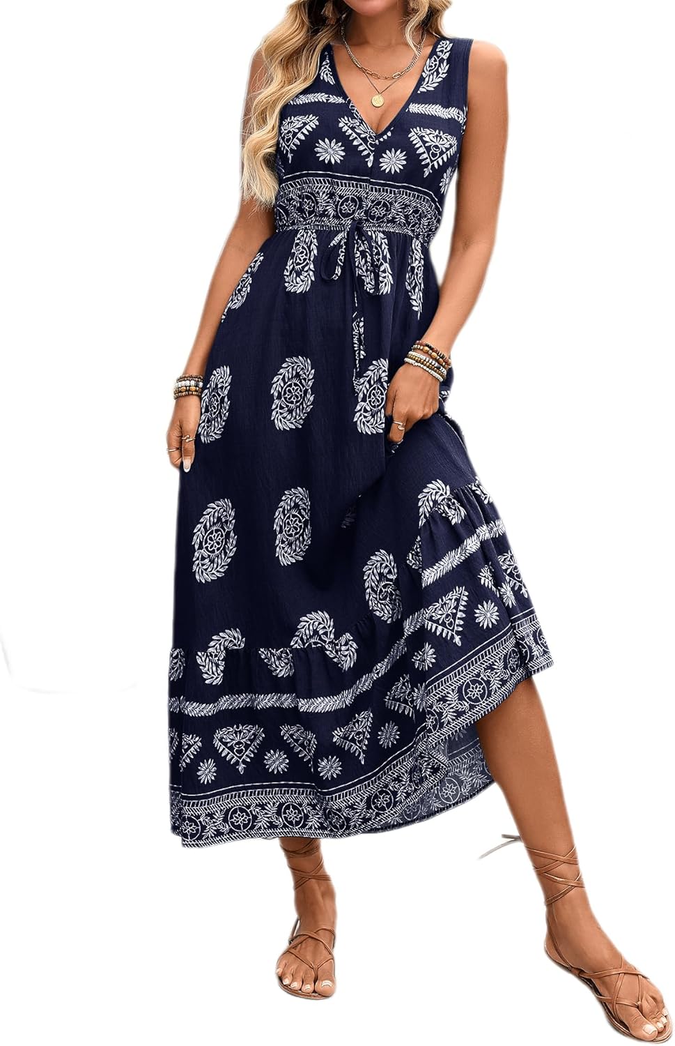 HELYO Women's Maxi Dress Summer Floral Print Flowy V Neck Sleeveless Bohemian Beach Casual Travel Long Dresses 583 - Image 4