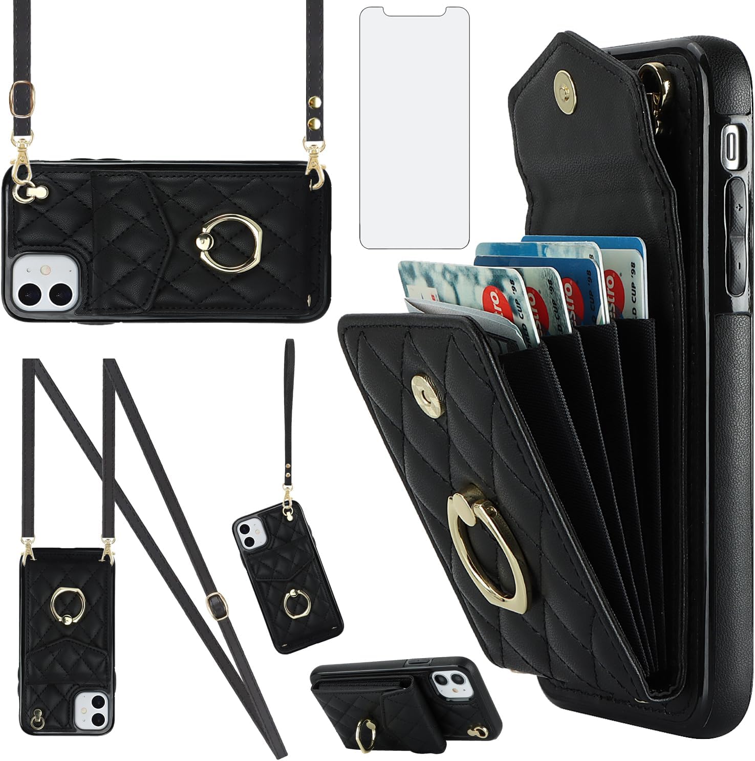Asuwish Phone Case for iPhone 12 Mini 5.4 Wallet Cover with Tempered Glass Screen Protector and Wrist Strap Ring RFID Blocking Credit Card Holder Cell iPhone12mini 5G i 12s iPhone12 12mini Women Black