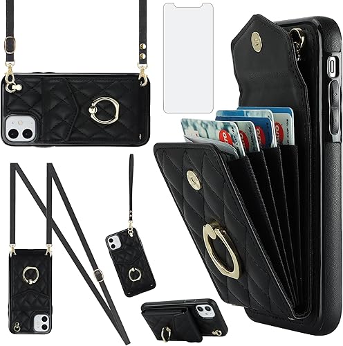 Asuwish Funda de teléfono para iPhone 12 Pro iPhone12 6.1 Funda tipo cartera con protector de pantalla de vidrio templado y correa cruzada para la