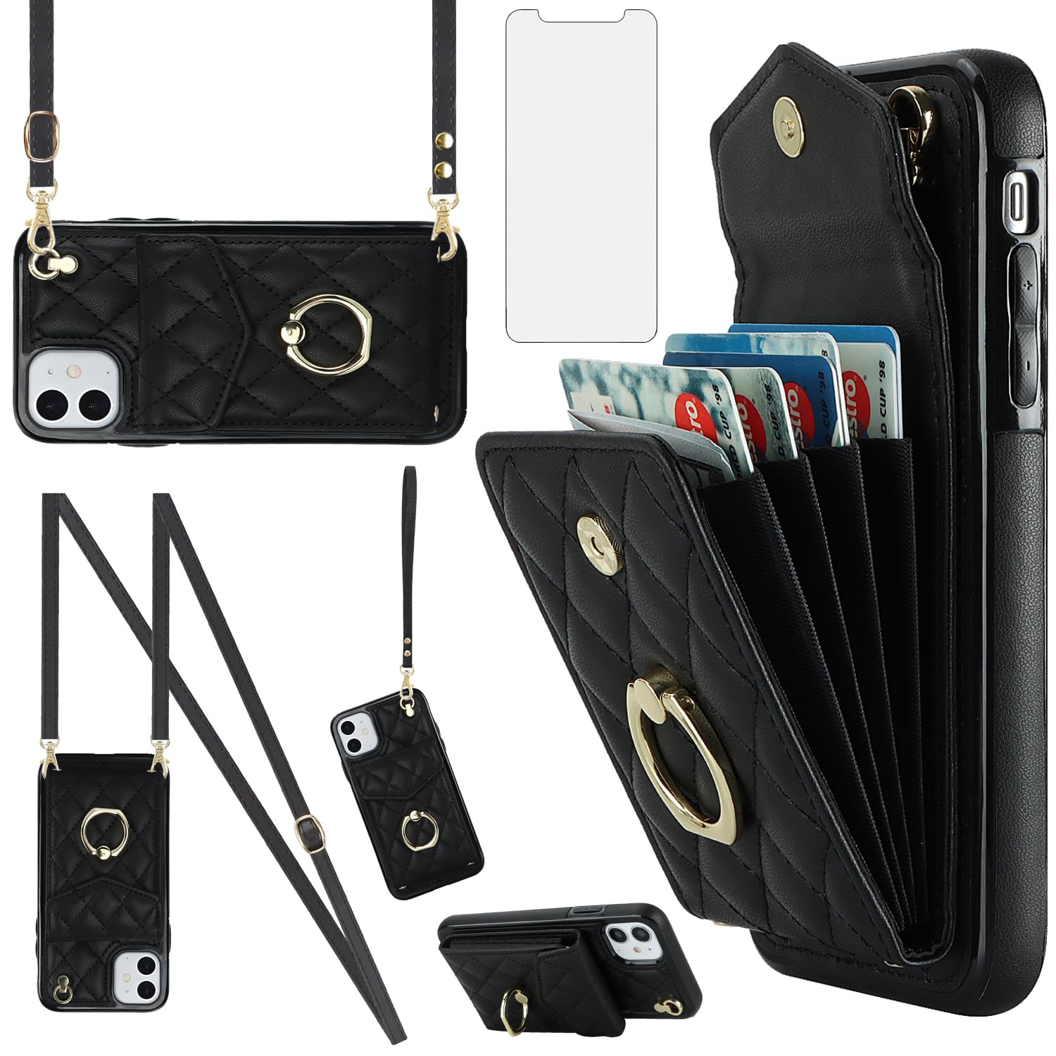 Asuwish Phone Case for iPhone 12 Mini 5.4 Wallet Cover with Tempered Glass Screen Protector and Wrist Strap Ring RFID Blocking Credit Card Holder Cell iPhone12mini 5G i 12s iPhone12 12mini Women Black