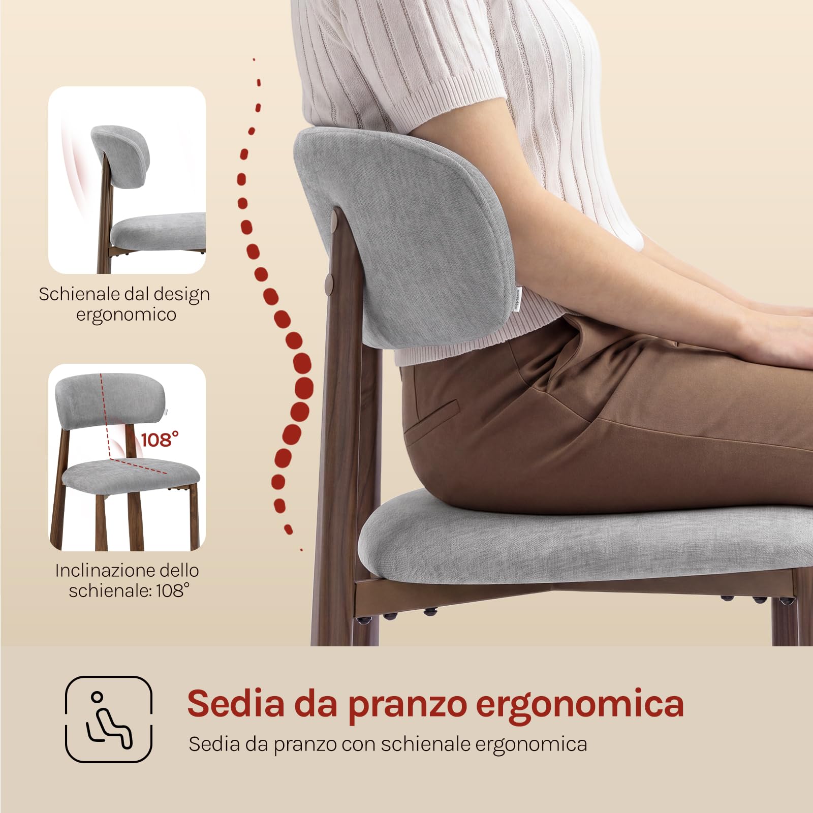 WOLTU Set di 6 Sedie da Pranzo, Sedie da Cucina Imbottita di Stile Moderno, Tessuto Chenille, Gambe Metalliche Effetto Legno Per Sala da Pranzo e Cucina, Grigio
