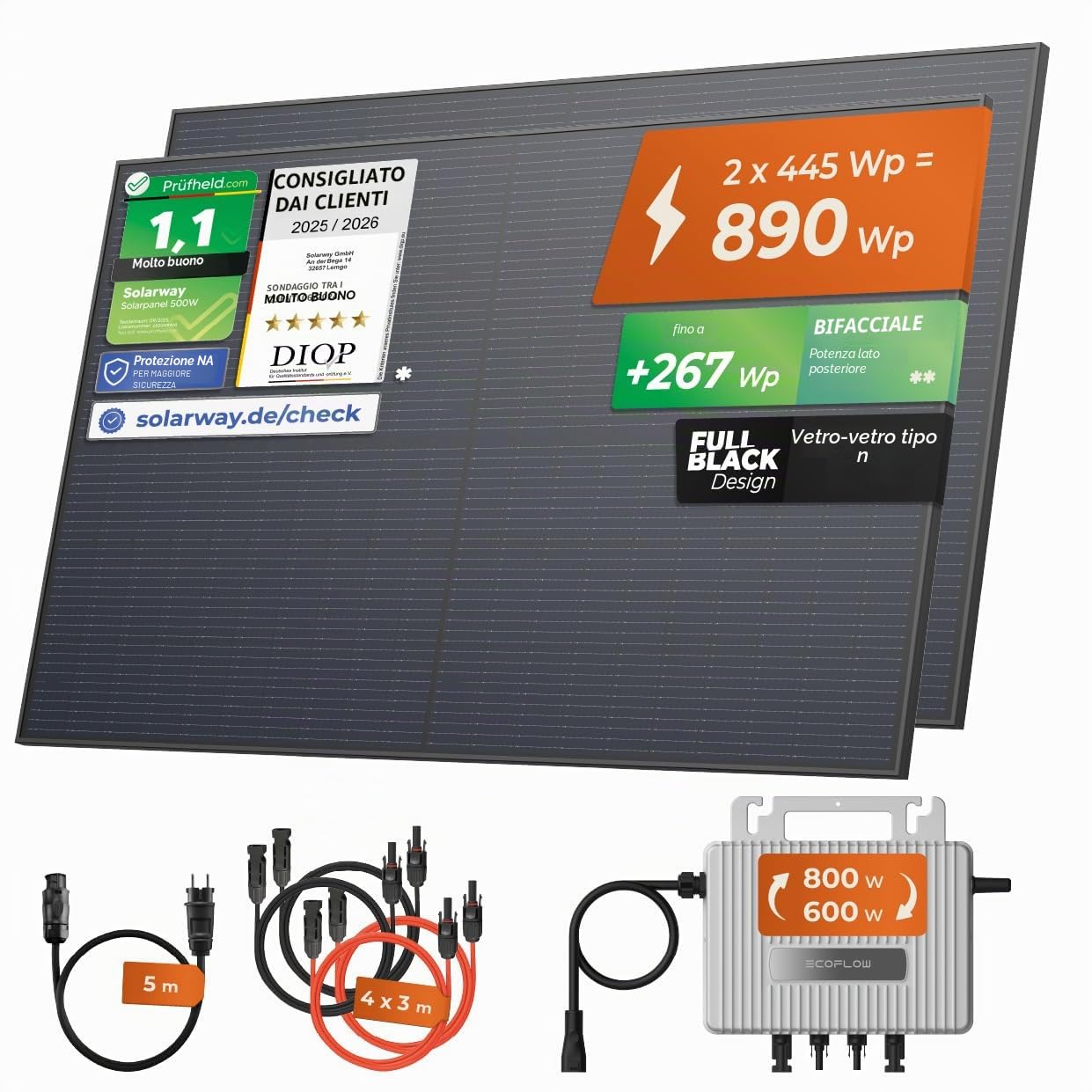 Solarway 880 Wp / 800 W Centrale elettrica da balcone completa – Inverter EcoFlow Stream 800W – Impianto solare completo – Moduli bifacciali Black 440 W & EcoFlow & Accessori