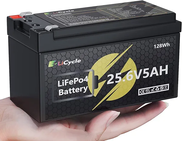 E LiCycle 24/25.6V 5Ah LiFePO4 Lithium Battery 4000+ Deep Cycles Rechargeable Battery for UPS, Solar Panel, Power Wheels, Kayak Fish Finder, Scooter, RV, Marine - Safe & Lightweight Design