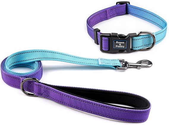 Roses&Poetry Reflective Dog Collar and Lead with Gradient Violet,Adjustable Durable Pet Collars Leash for Medium Large Dogs （Violet-M)
