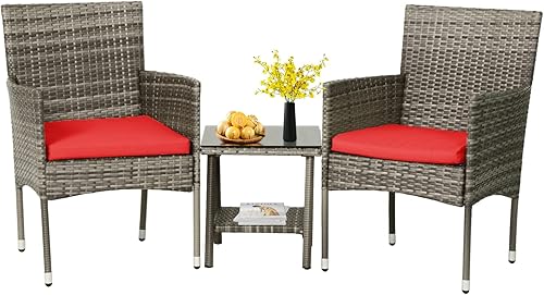 FDW Juego de muebles de exterior de 3 piezas para patio, sillas de mimbre gris, juego de conversación de bistró, 2 sillas de ratán con cojines rojos
