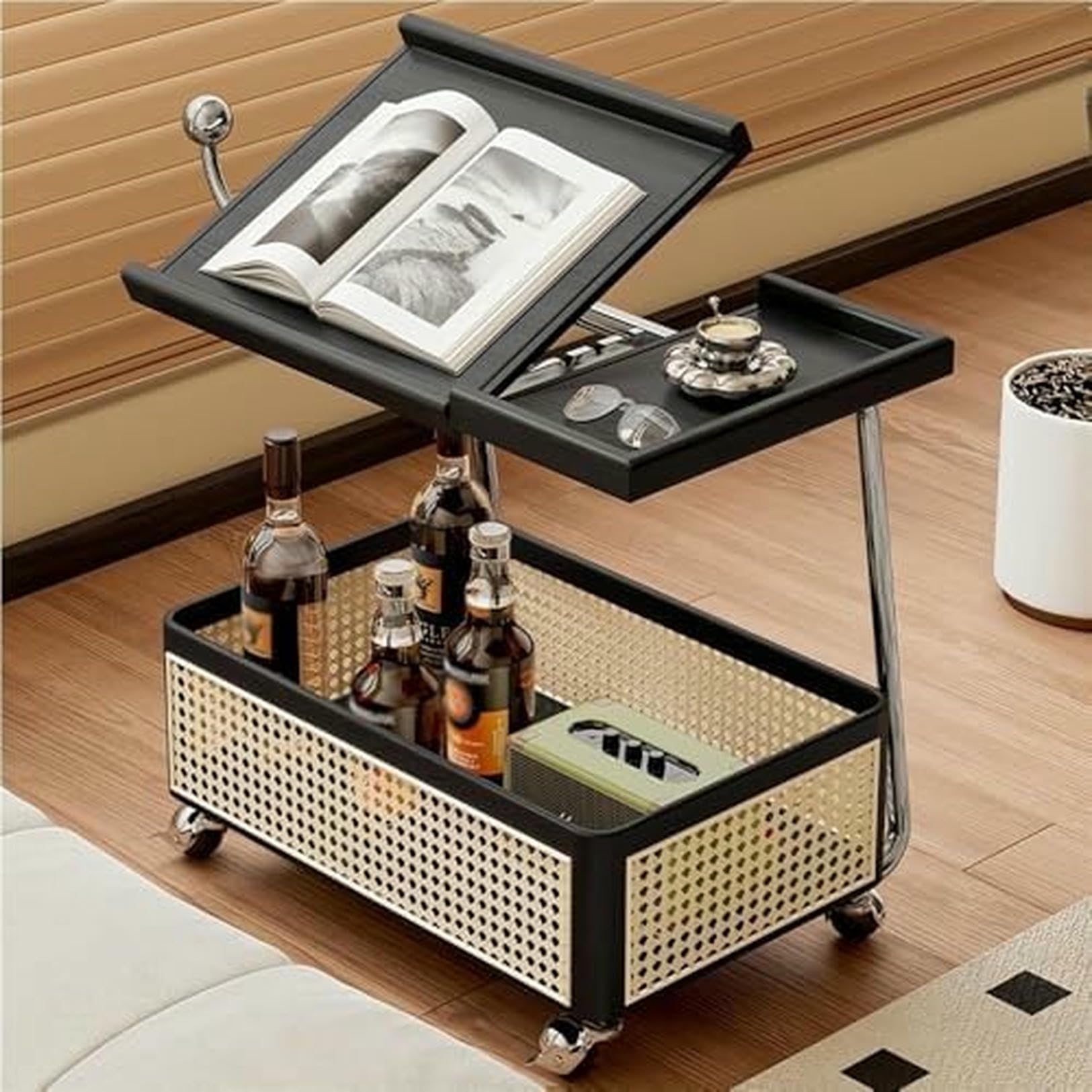 Eiwitany Top C-Shaped Rolling Side Table with Rattan Storage Basket, Brown Wood Mobile Coffee Table for Space-Saving Living Room Use (Black)