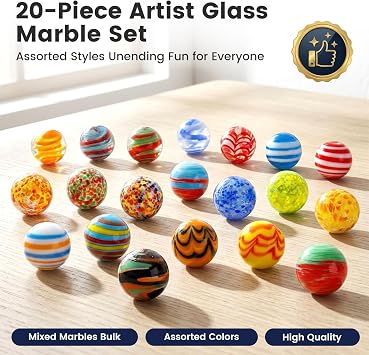 FUTUREPLUSX 20PCS Glass Marbles Bulk, 0.63 Inch Handmade Colorful Marbles for Vase Fillers, Centerpieces & Wedding Decor