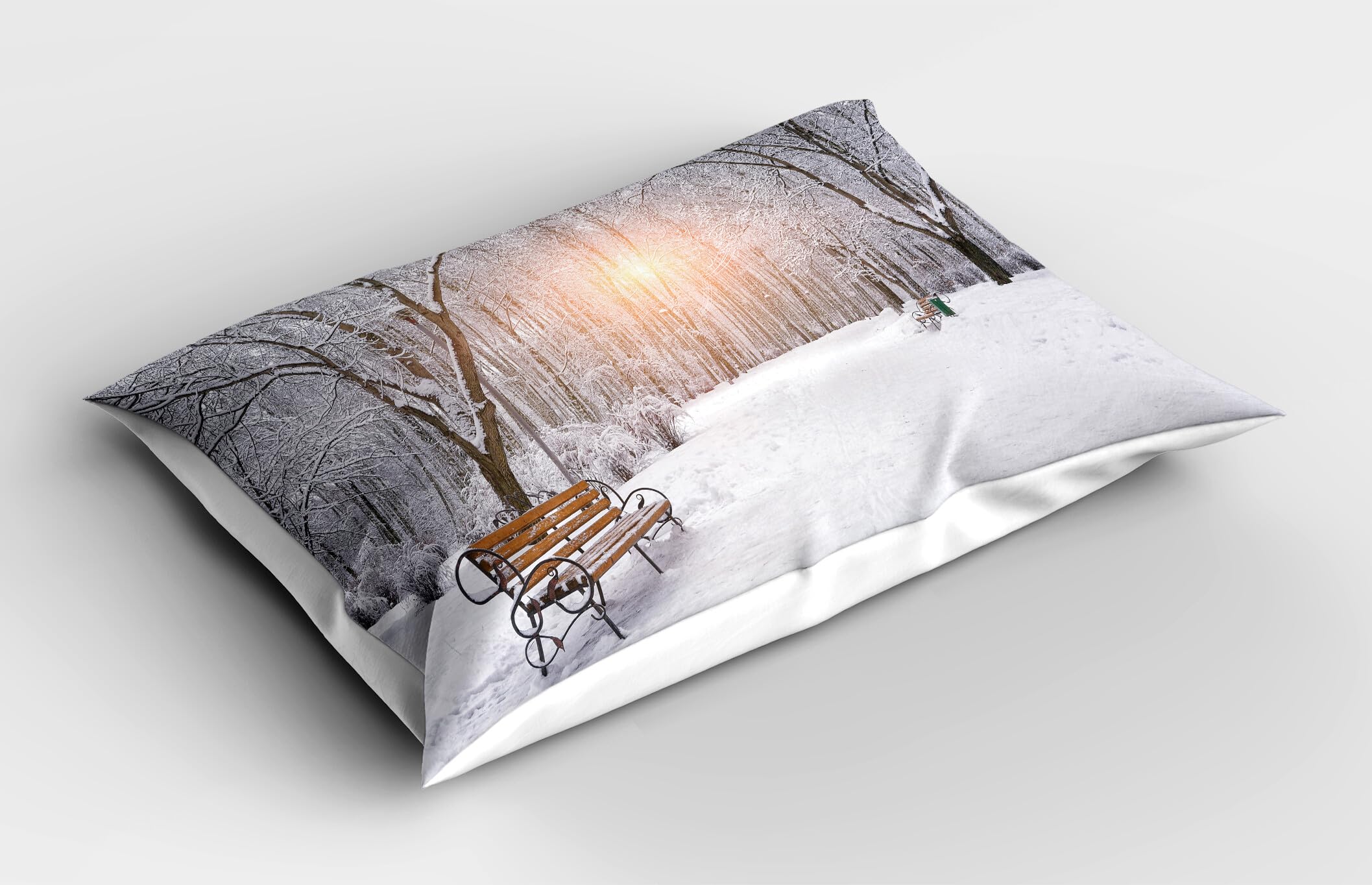 Ambesonne Winter Pillow Sham Set of 2, Snowy Leafless Trees and Benches in The City Park Sunset Woodland Outdoors, Quality Microfiber Bedding Item for All Seasons, 30