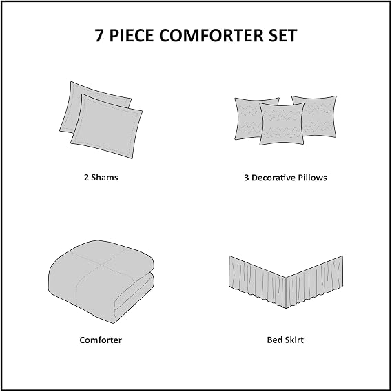 Madison Park Laurel Queen Size Bed Comforter Set Bed In A Bag - Black , Wrinkle Tufted Pleated 7 Pieces Bedding Sets Faux Silk Bedroom Comforters