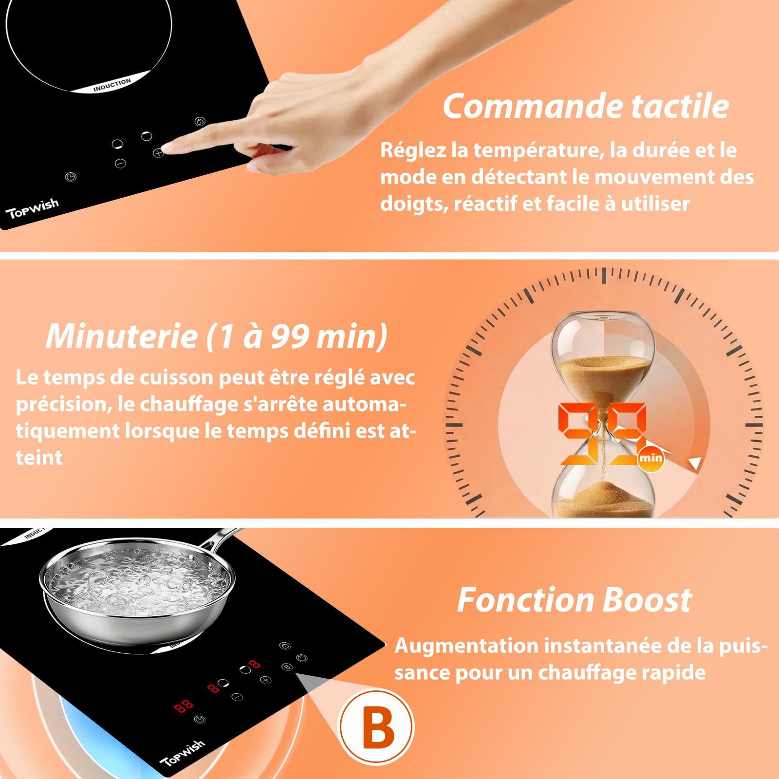 Topwish plaque induction 2 feux, plaque de cuisson induction 2 feux, plaque de cuisson electrique 30cm con verrou de sécurité, funzione Boost, voyant de surface chaude, protection d'extinction, 3500W
