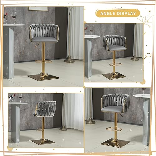 Miniatura 5 de Juego de 2 taburetes de bar modernos de terciopelo, cómodos taburetes de bar giratorios con altura ajustable y respaldo tejido, taburete alto de