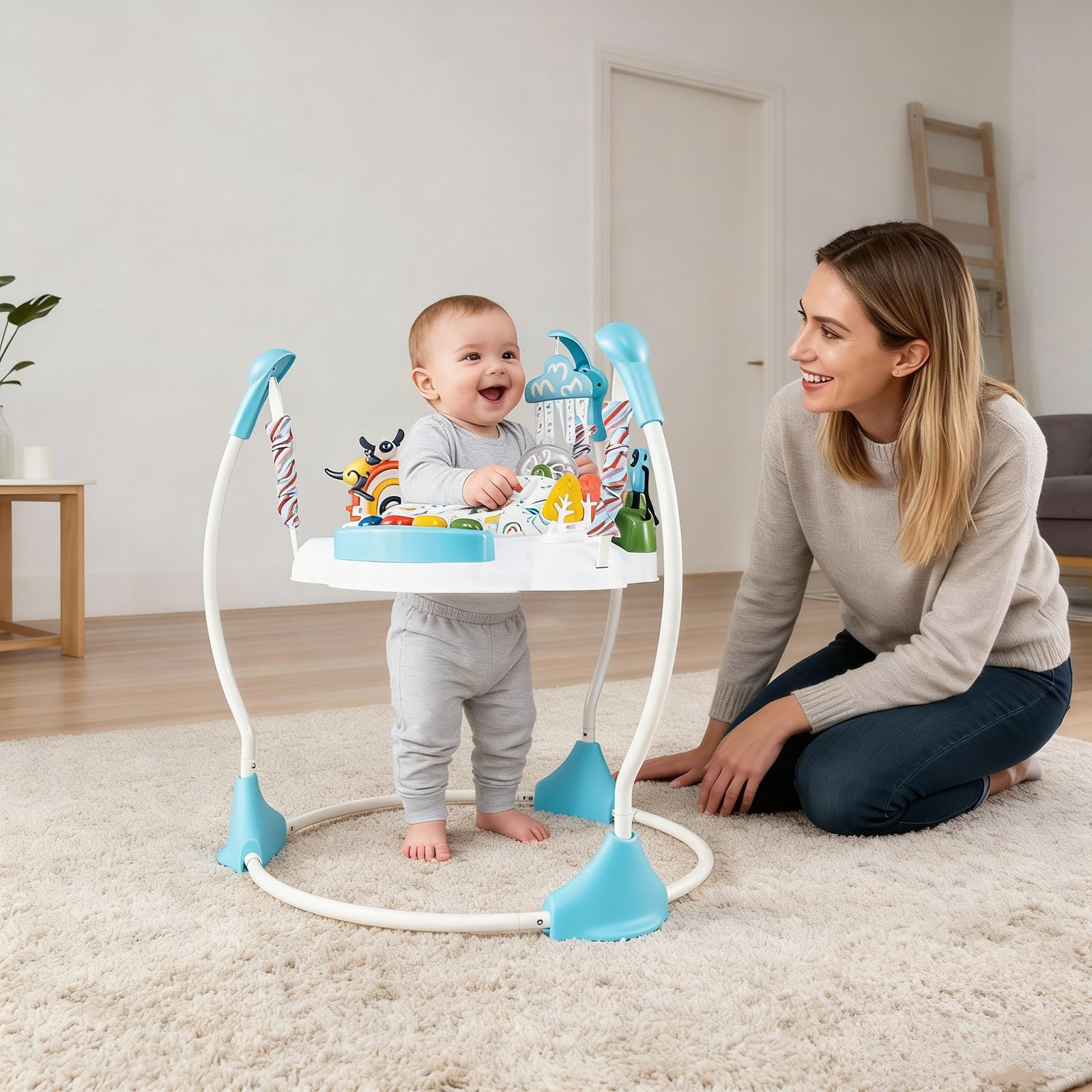 GYMAX Baby Jumpers & Bouncers, Interactive Baby Jumperoo Activity Center with 360° Rotary Seat, 3 Adjustable Heights, Music, Lights, Interactive Toys, Toddler Bouncer for 6 Months+ (Blue) — view 9