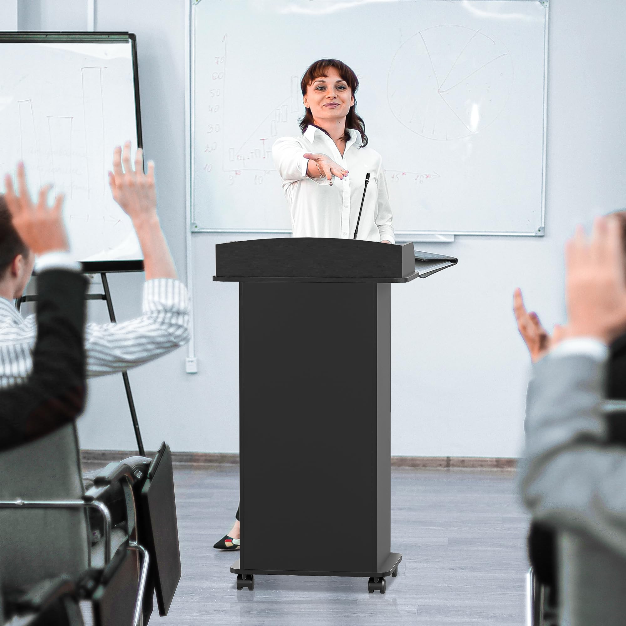Nisorpa Stojące biurko na podium, 60 x 40 x 100 cm, mobilny pulpit mówniczy na kółkach, drewniane podium, do klasy, sali wykładowej, audytorium, sali konferencyjnej, kolor czarny