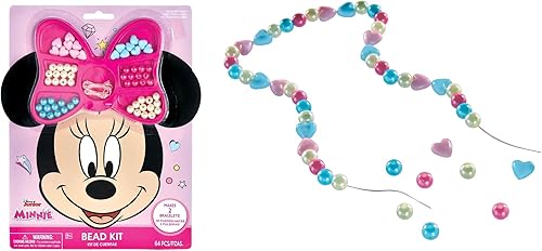 Disney Minnie Mouse - Kit de cuentas de plástico colorido para joyas, 64 cuentas y 2 cuerdas elásticas, actividad perfecta para niños, 1 juego