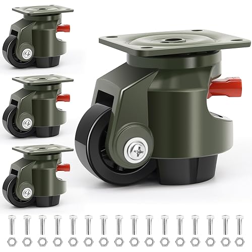 Leveling Casters Set of 4, Workbench Casters with Ratchet Arm, 3300 LBS, Green Heavy Duty Retractable Leveling Machine Casters, Nylon Wheels &