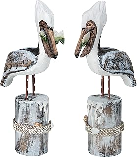 EVINIS 2 Pack Sea Bird Figurines Home Decor, Pelicans Decor Wooden Carving Art for Nautical Coastal Beach Garden Room Office Decoration (2,Yellow), FGH2P