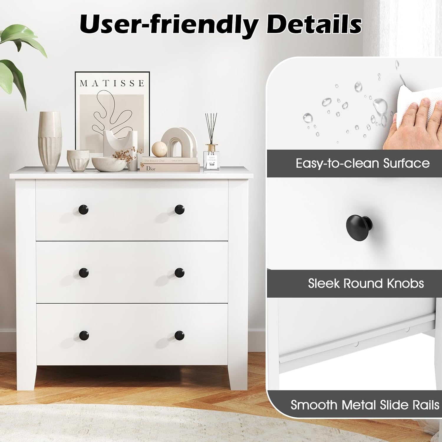 Close-up of the dresser highlighting user-friendly details such as an easy-to-clean surface, sleek round knobs, and smooth metal slide rails.