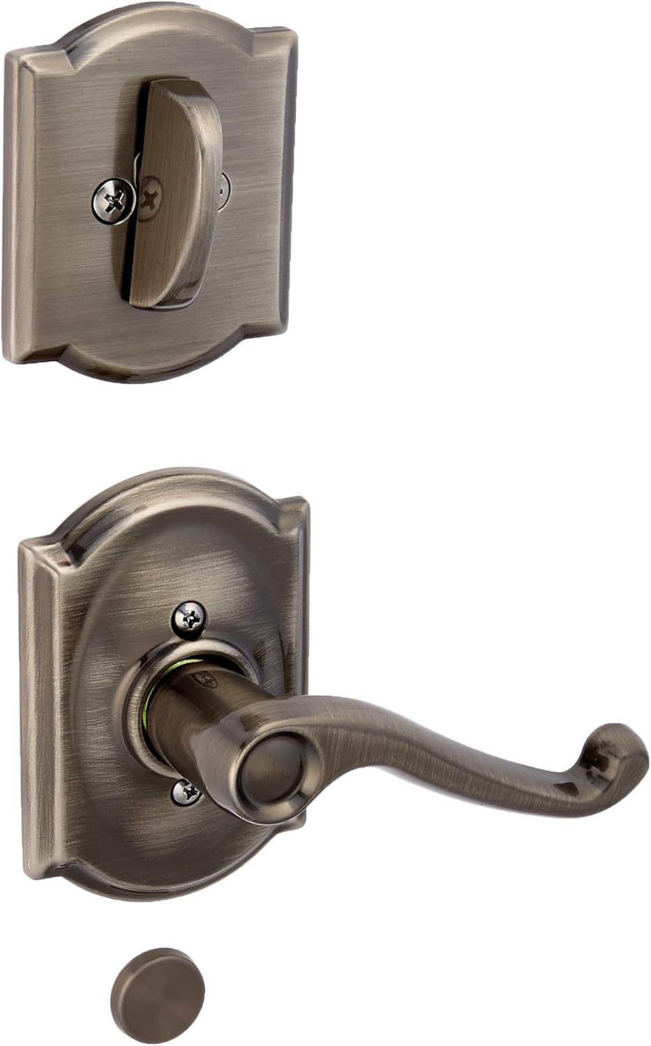 Schalge F94FLA620CAMRH Antique Pewter Interior Pack Flair Lever Right Handed Dummy Interior Pack with Deadbolt Cover Plate and Decorative Camelot Rose
