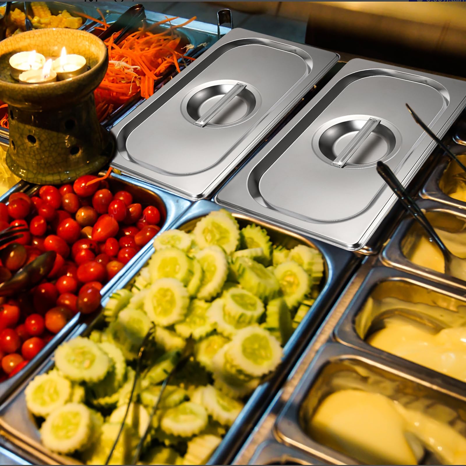 SUMNACON 4 sartenes de acero inoxidable de tamaño 1/3 con tapas, organizador de servicio de alimentos de 10 cm de profundidad, bandeja de almacenamiento de sartenes de hotel, placa de catering, cocina