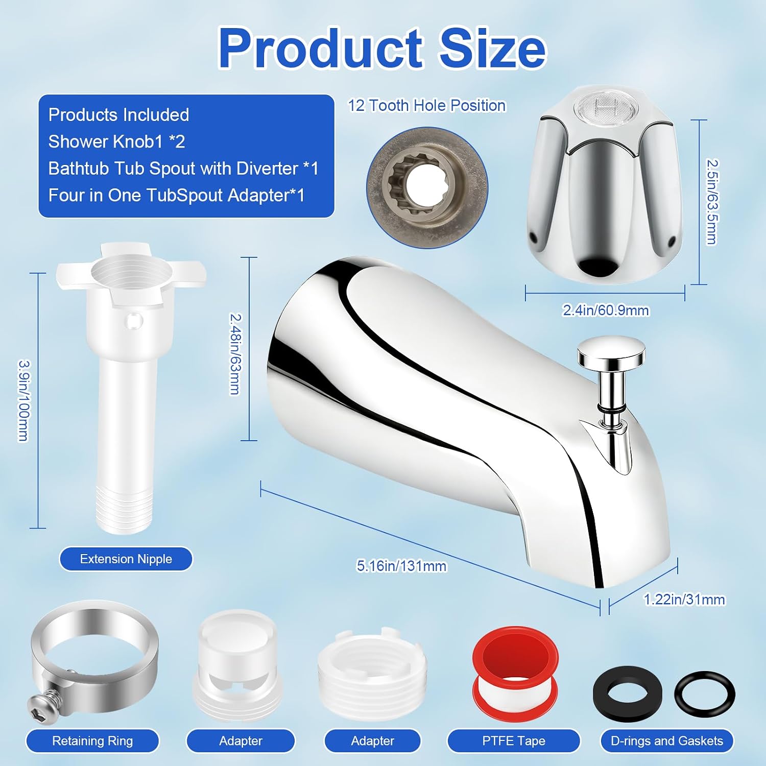 Metal 2 Piece Shower Knob Replacement, with Tub Spout, 2 Handle Tub Shower Faucet Set Compatible with Pfister Verve Tub Shower Faucet Hot and Cold Handles (Chrome)