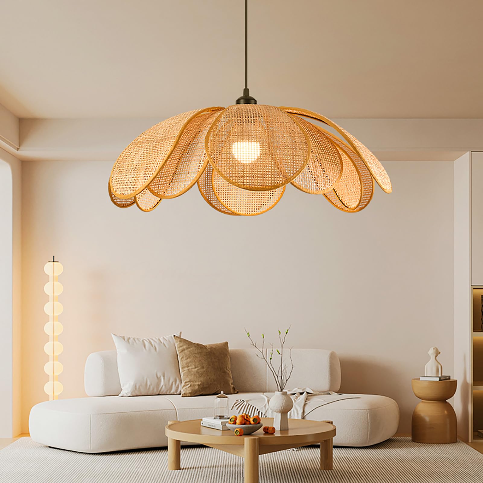 Suspension Boho Petal, Suspension en Rotin Tissé à La Main de Style Wabi-sabi, Lustres de Ferme pour îlot de Cuisine, Salle à Manger, Restaurant, Chambre à Coucher, D: 50cm/20inch