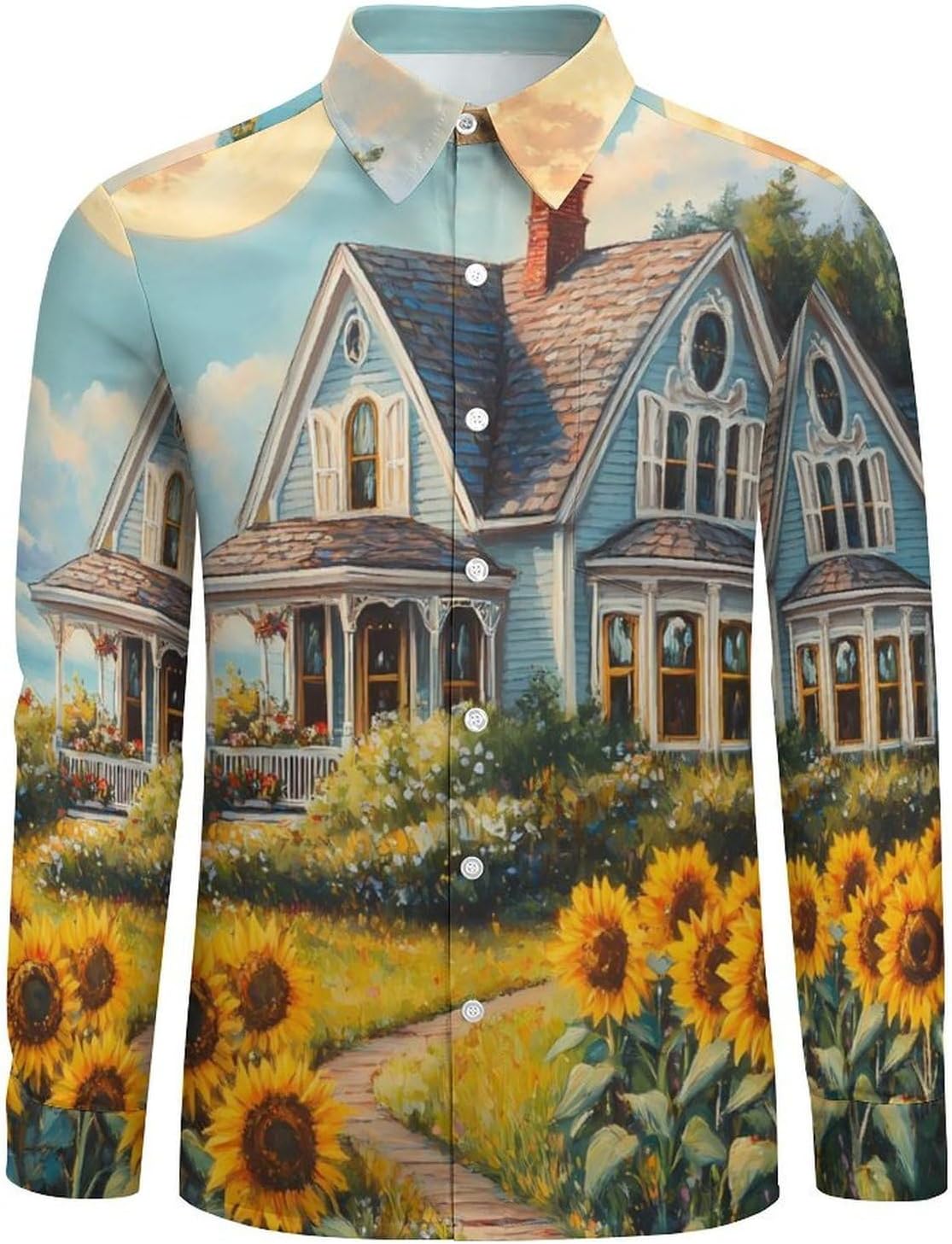 House Sunflower Long Sleeve Shirts Casual Dress Shirt Button-down T-shirts for Men