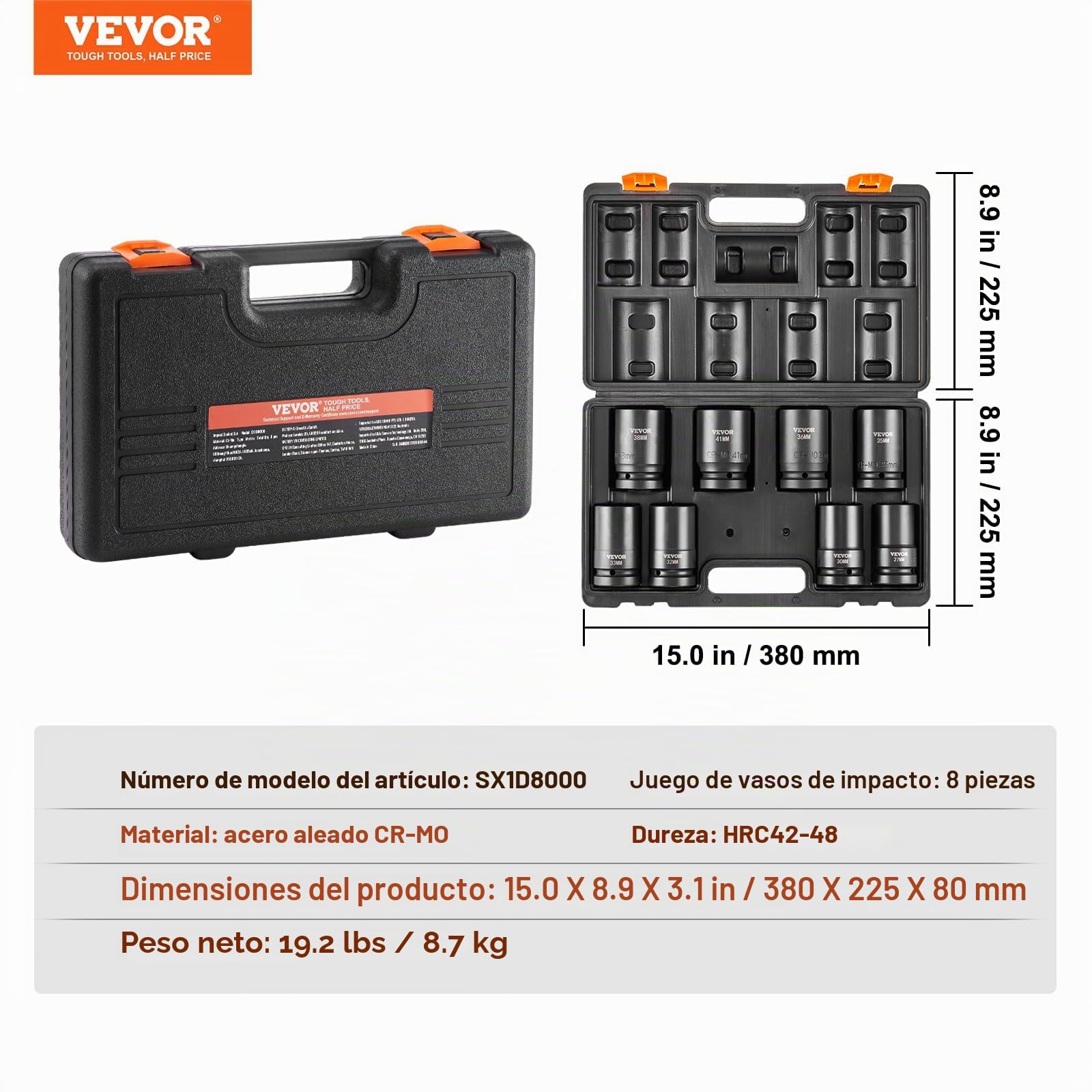 VEVOR Juego de Vasos de Impacto 1" Juego de Vasos de Impacto Métricos 8 piezas 27-41 mm Acero de Aleación CR-Mo 6 Puntos Marcas de Tamaño Fáciles de Leer para Reparación de Automóviles, Taller