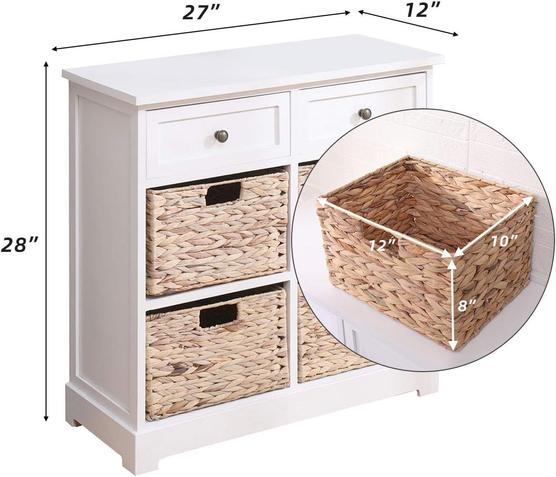 MELLCOM Storage Cabinet Retro Style Storage Chest with 2 Wood Drawers and 4 Removable Wicker Baskets Entryway Cabinet for Home,Kitchen,Living Room,White