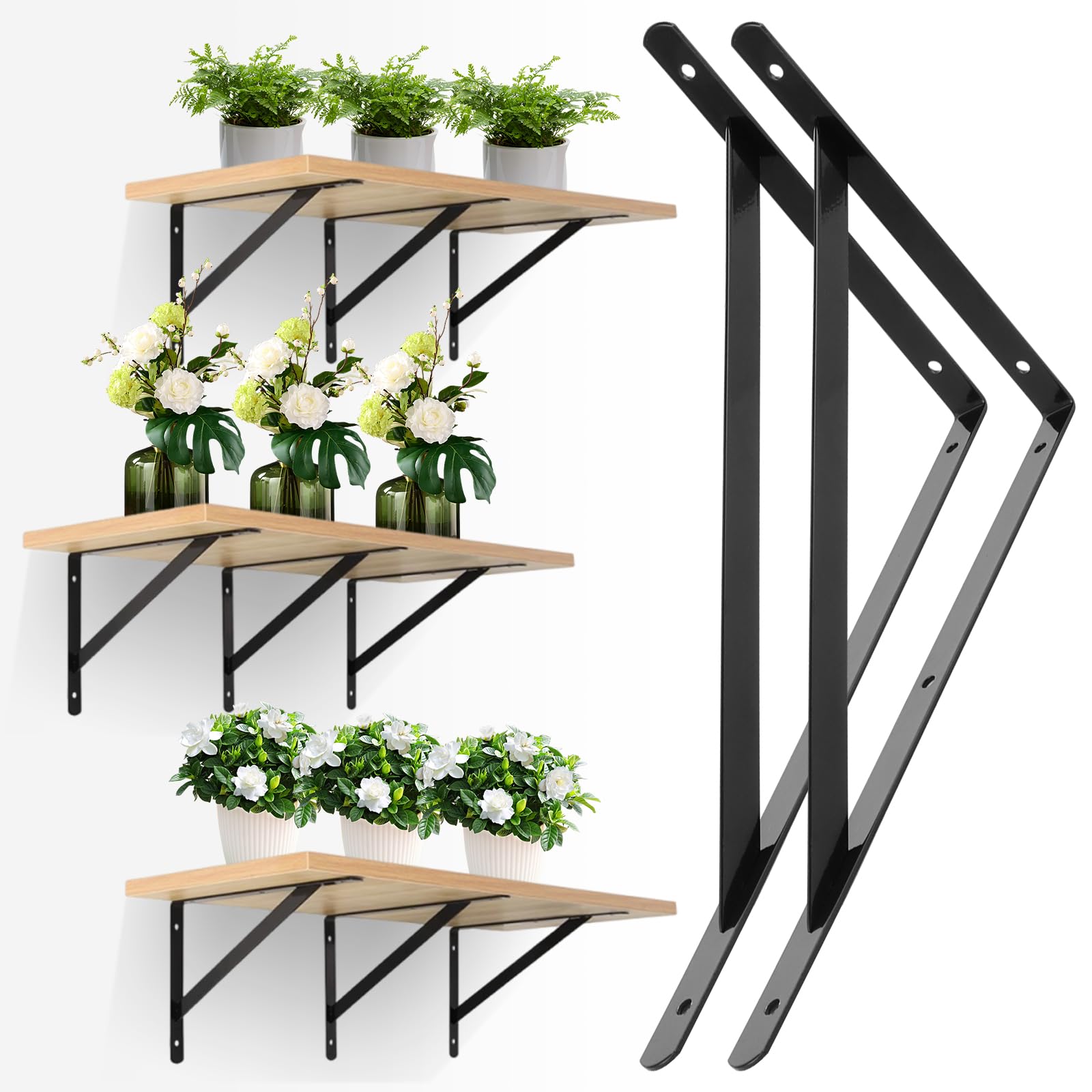 12 soportes para estanterías de 190 x 300 mm, color negro de metal, ángulo de carga pesada para montaje en pared, mesa plegable para montaje en pared, banco de trabajo, estantería de