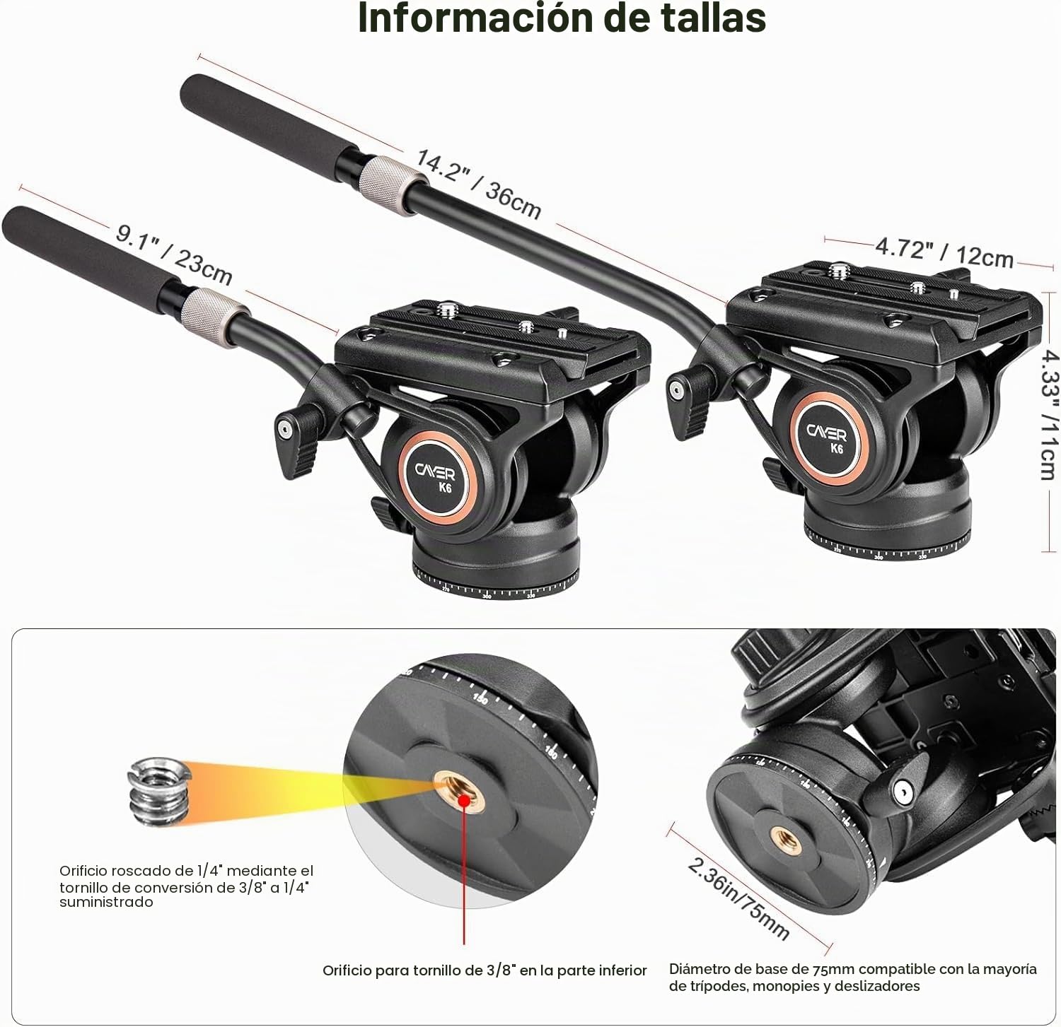 Cayer Vídeo Cabeza Fluida con Placa de Liberación Rápida, Mango Telescópico Base Escalada para Mirrorless, Cámaras de Vídeo y DSLRS, Compatible con Placa Gimbal para dji Serie RS, K6 | Carcasa de metal, mango de bandeja ajustable, movimiento fluido suave,