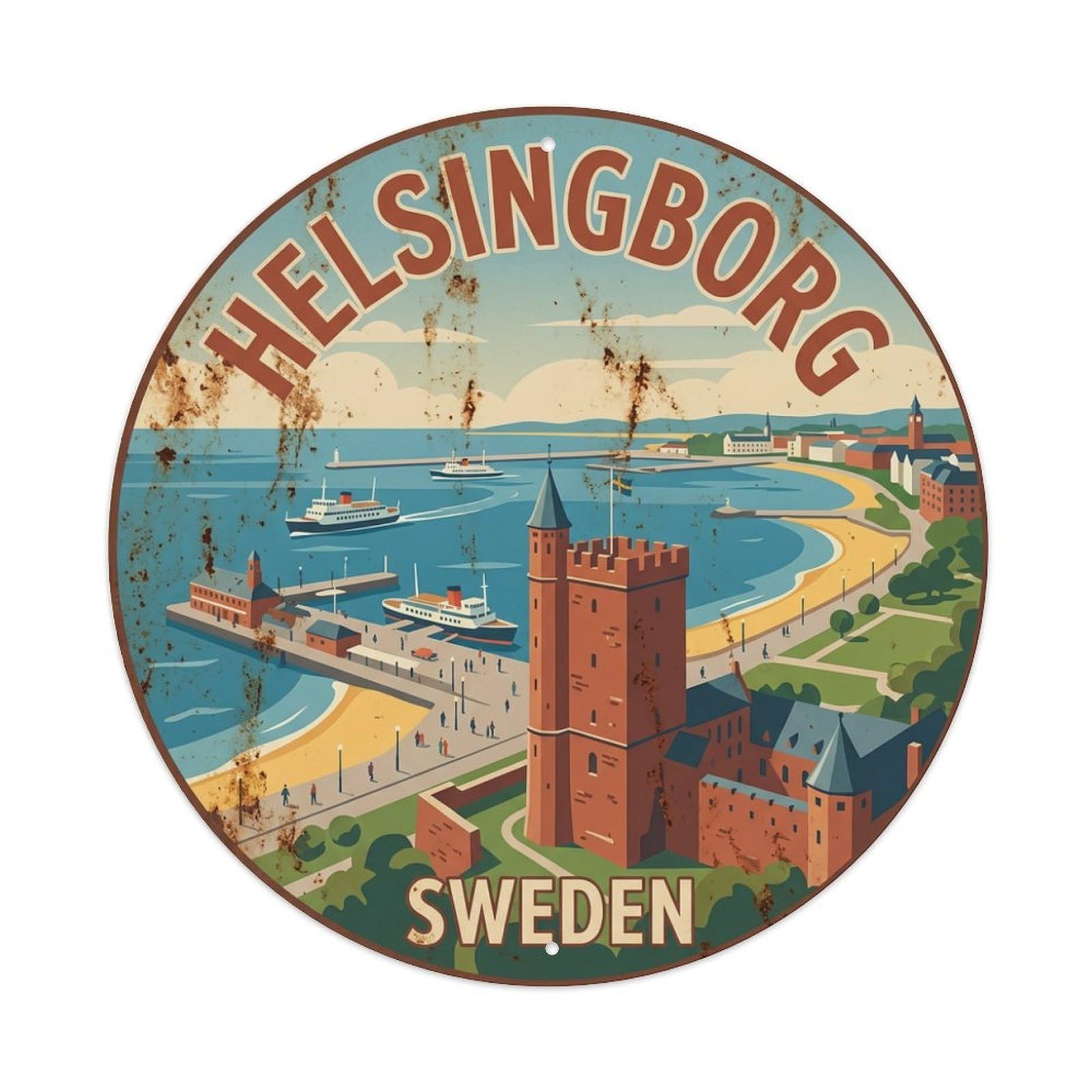 Vintage Travel Helsingborg Sweden Waterfront Metal Tin Sign