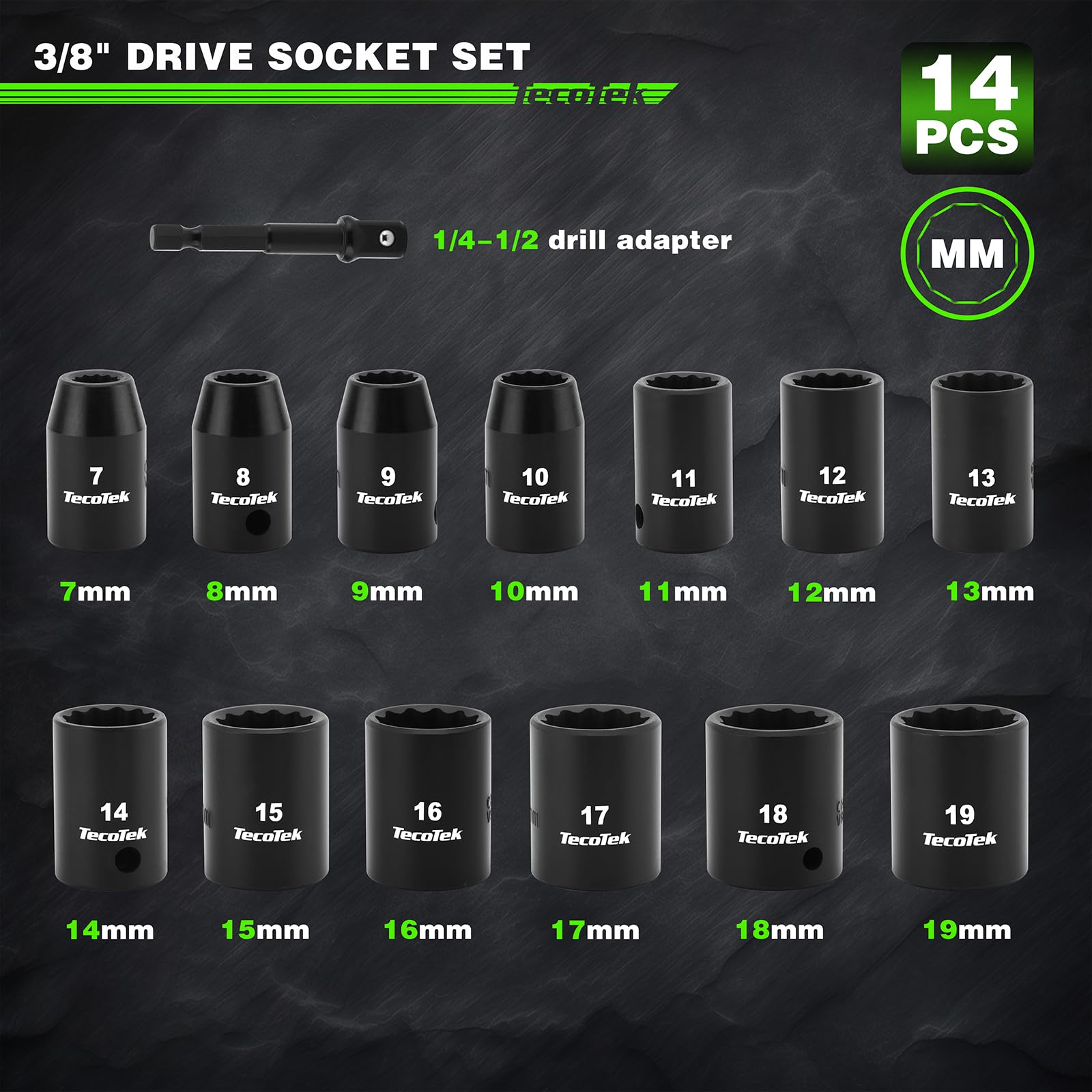 TecoTek Juego de 14 llaves de impacto métricas poco profundas de 3/8 pulgadas, CR-V, 7 mm a 19 mm, adaptador de taladro de 1/10.2 cm-3/20.3 cm