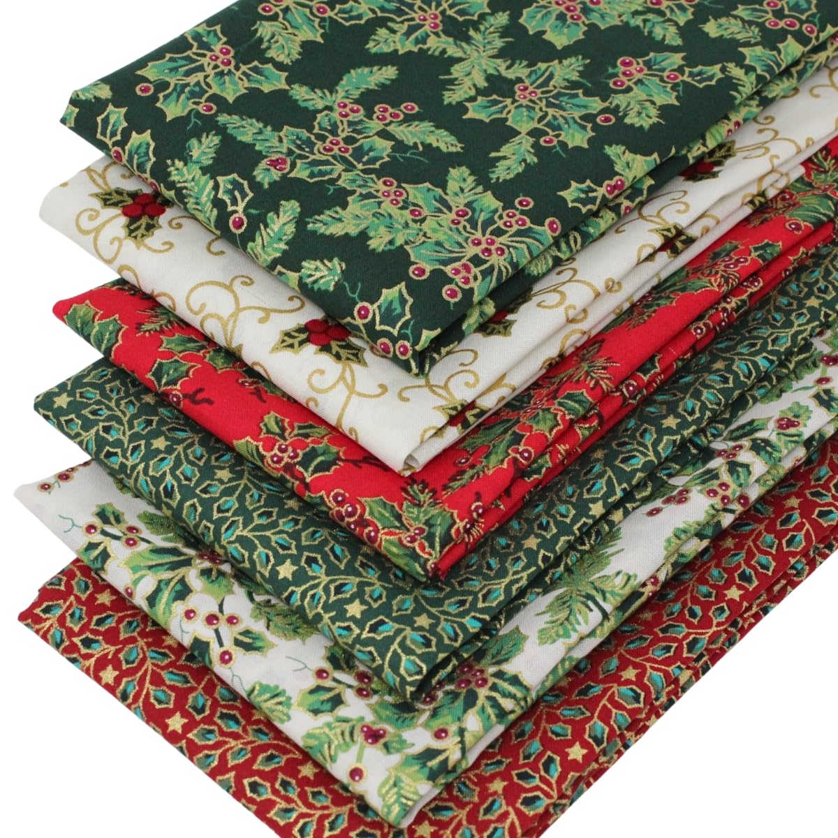 Overdale Fabrics Red, Green, Ivory, Gold 6 Fat Quarters Bundle - 'Jolly Christmas Holly' Festive Fabrics In Red, Green, Ivory & Gold. 100% Cotton Ideal For Xmas Quilting, Patchwork & Crafting (With Free Patchwork Pattern By Overdale Fabrics)