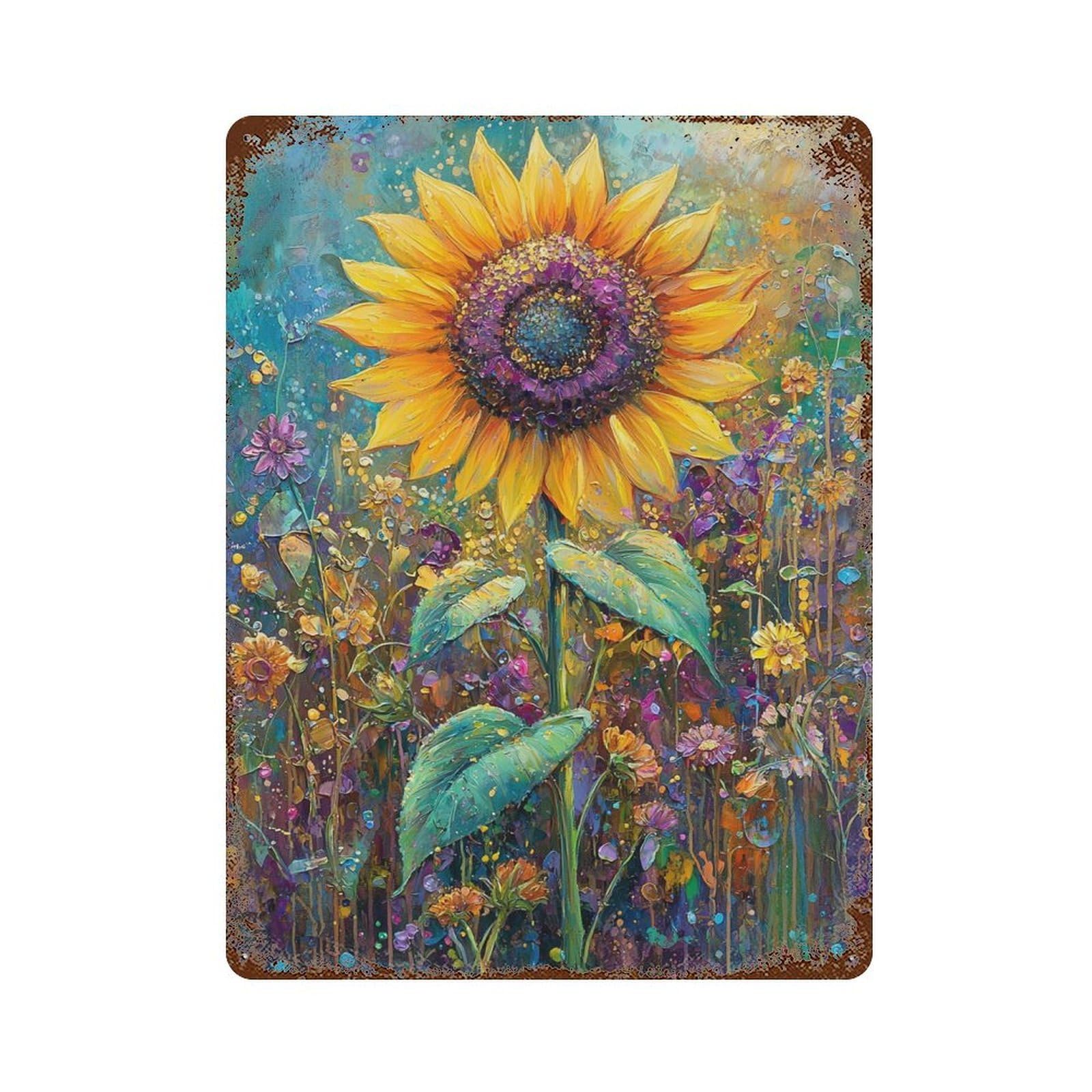 Sunflower Garden Painting Decorative Tin Sign 15.7"x11.8", Vintage Wall Decor for Basement, Hobby Room And Garage Decor