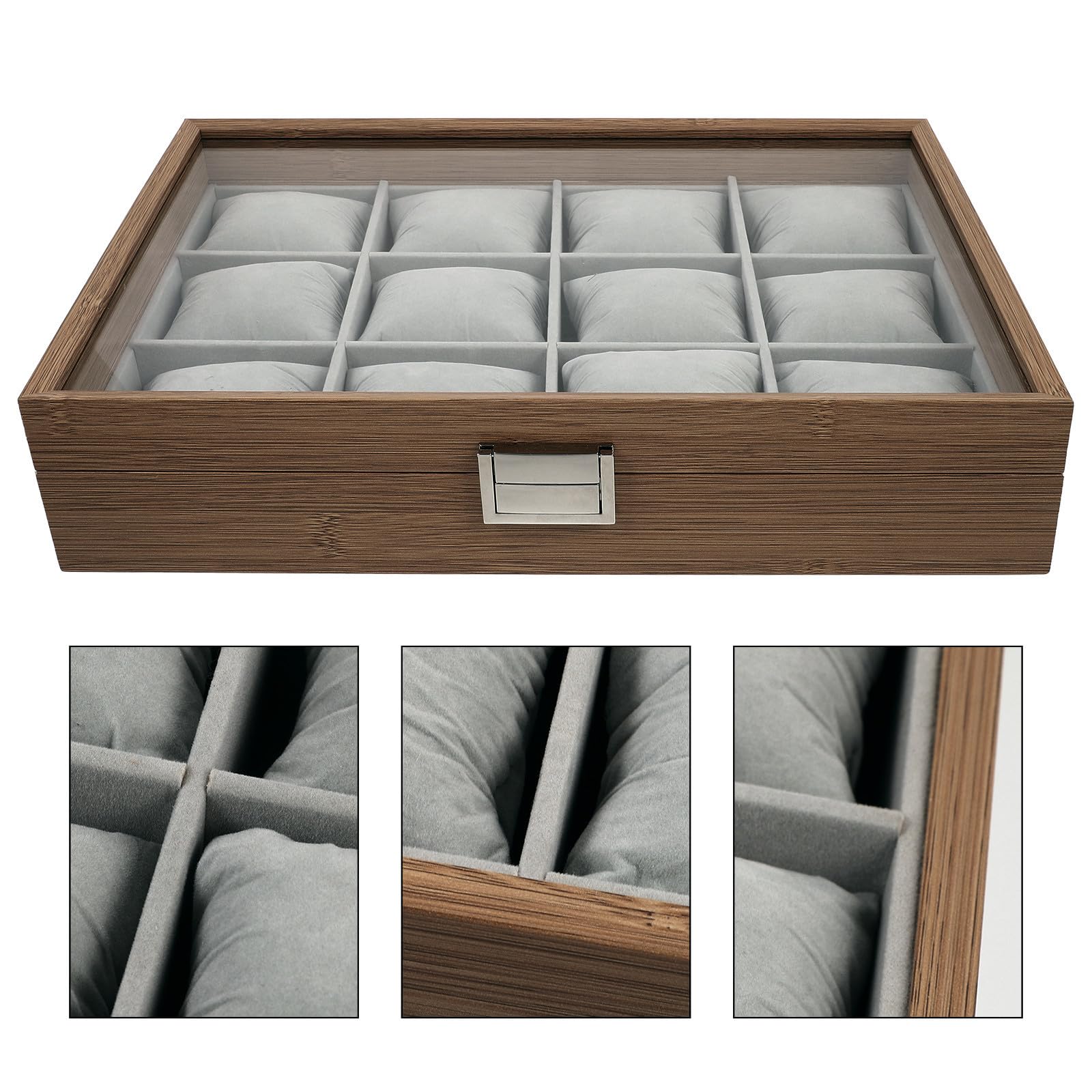 Hemobllo Organizador de relojes de madera con 12 ranuras grandes y almohadillas extraíbles para almacenamiento de joyas en uso personal y del hogar
