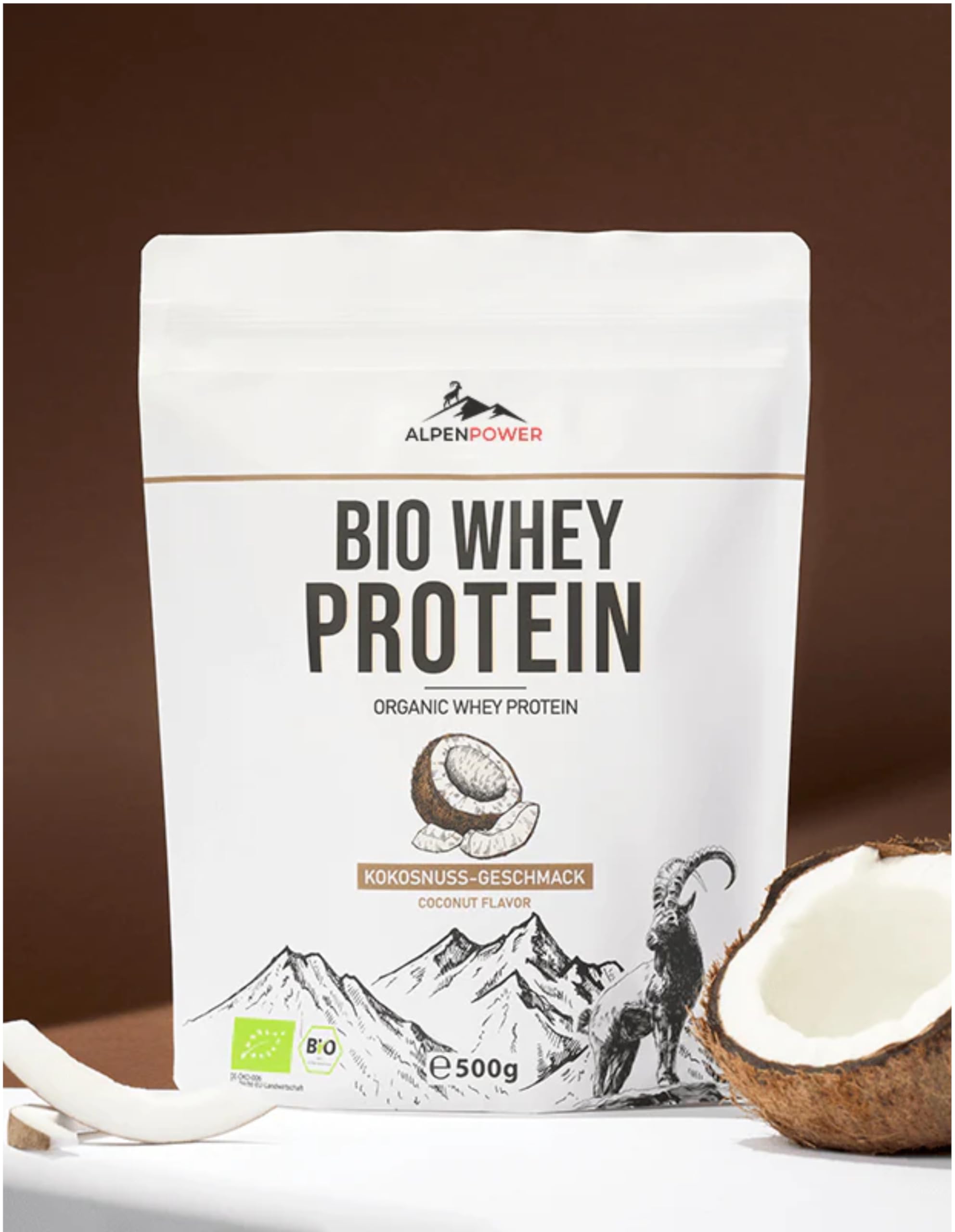 AlpenPower BIO WHEY proteine al gusto di cocco 1 kg - Ingredienti 100% naturali e senza additivi - Prodotto con il miglior latte alpino biologico - Polvere proteica CFM di alta qualità