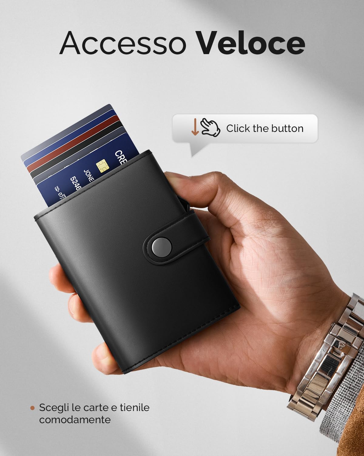 YESIIW Porta Carte Uomo Portafoglio RFID Bloccante Pelle Minimalista Smart Pop Up Portafoglio Tasca per Monete Magnetica, Porta Carte di Credito Trifold, Chiusura Bottone, Contiene 2 Finestre per ID