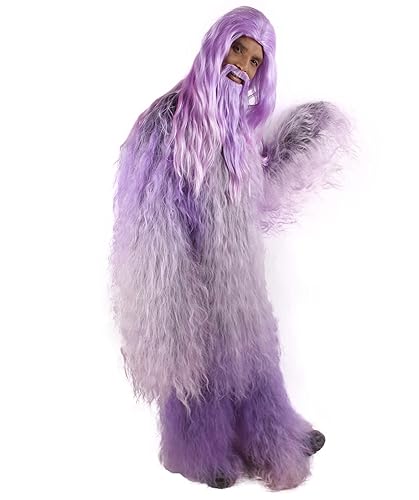 Miniatura 9 de Peluca de terror de criatura mítica unisex grande y peluda para adultos, con bigote y barba, morado (SM)